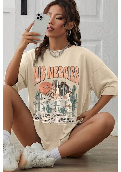 Unisex His Mercies Baskılı Oversize Tshirt