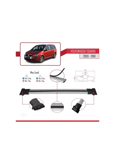 Volkswagen Touran 2003-2010 Arası İle Uyumlu Fly Model Ara Atkı Tavan Barı Gri 3 Adet Bar