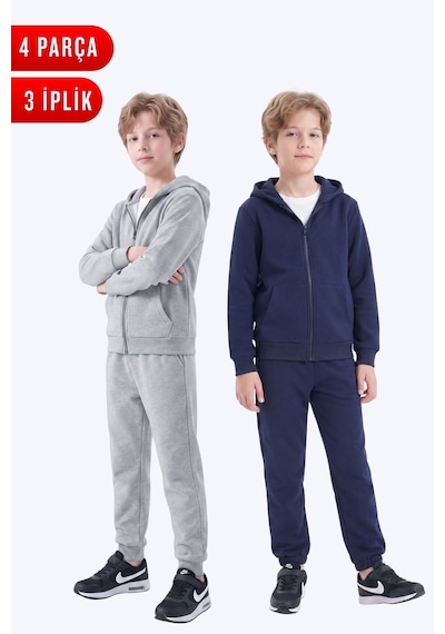 Fyk Kids 3 İplik Düz Erkek Çocuk Fermuarlı Kapüşonlu 2'li Eşofman Takımı 4 Parça Gri - Lacivert