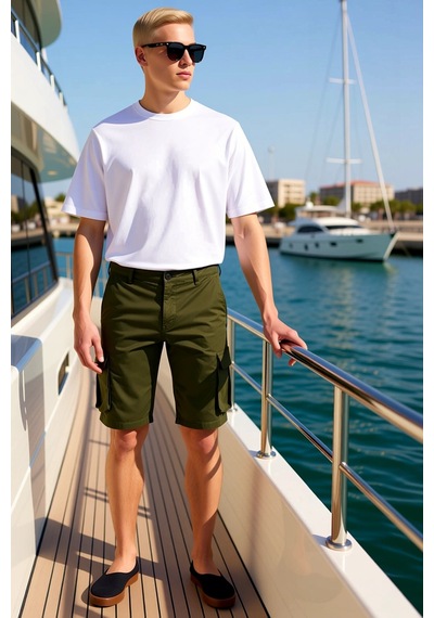 Benerly Erkek Şort Slim Fit Kargo Cepli Gabardin Dokuma Normal Bel Boru P Haki