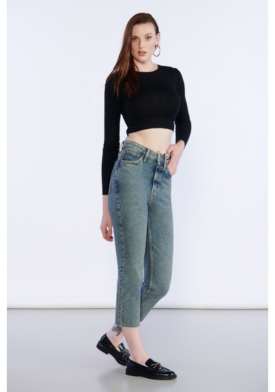 Kirli Mavi Yüksek Bel Paça Püskül Detaylı Mom Jeans-kirli Mavi