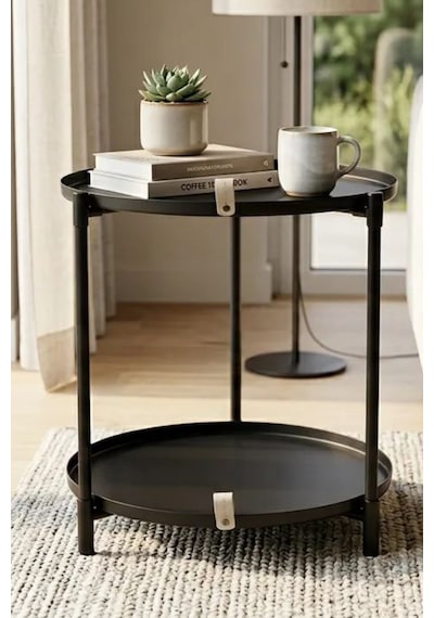 Çift Tepsili Katlanır Orta Yan Yuvarlak Sehpa Metal Ayak - Modern Sehpa 50cm 44 Cm Tepsi Deri Kulplu Mat Siyah