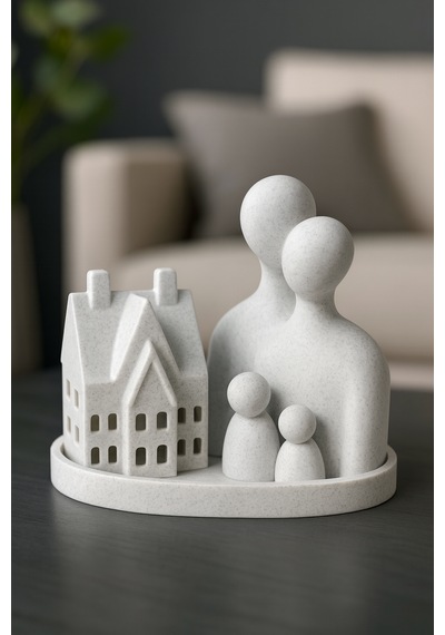 Aile Figürlü Ev Mumluk Seti Mermer Beyaz Dekoratif Tealight Gece Lambası 20 Cm Mermer Desenli