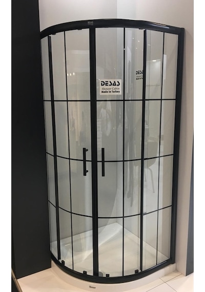 Desaş Shower Siyah Profil Teknesiz Oval Şeffaf Desensiz Cam Duşakabin 90 x 90 6 MM Siyah