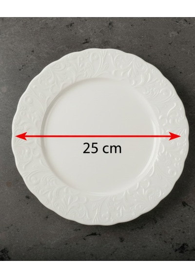6 Kişilik Kabartma Desen Pera Servis Tabağı 25cm Krem Rengi
