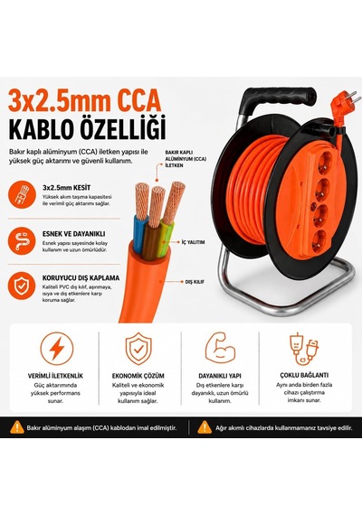 Makaralı Uzatma Kablosu 3x2.5mm- 20m/30m/40m/50m Güçlü Ve Dayanıklı 40 Metre
