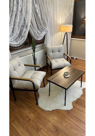 Modern Style Home Modern Levent Balkon, Bahçe, Cafe - Metal Kanepe Koltuk Takımı 2 Tekli + Sehpa Krem Modernk047 Krem