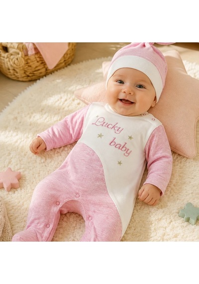 Candar Lucky Baby Nakışlı Çizgili Şapkalı Kız Bebek Tulumu 0-3 / 3-6 Ay Pembe