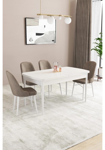 Familieconcept Almira Serisi, Beyaz 80x132 Açılabilir Mdf Mutfak Masası Takımı 4 Adet Sandalye Cappuccino