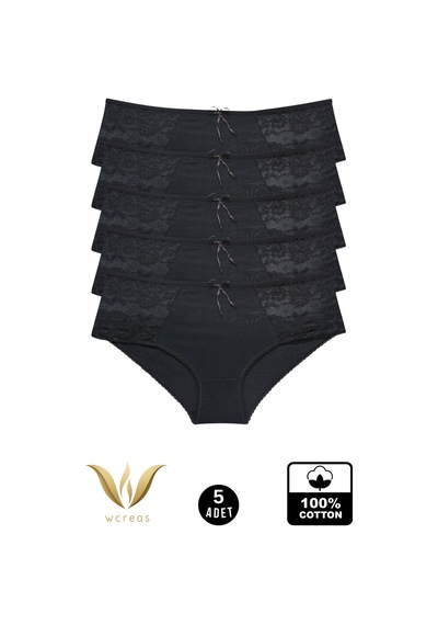 Wcreas Yanları Dantelli Pamuklu Kadın Bato Külot, 5'li Paket Pamuklu Yumuşak Kumaş Dantelli Külot Siyah Wcreas Yanları Dantelli Pamuklu Kadın Bato Külot, 5'li Paket Pamuklu Yumuşak Kumaş Dantelli Külot Siyah
