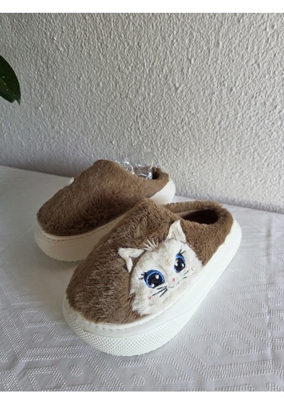 Kadın Kedili Peluş Rahat Ev Terliği 25bnt133 Camel