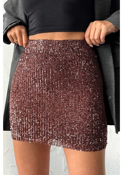 Verymoda Payetli Mini Etek - Şık Gece Ve Parti Modası F1980 Kahve