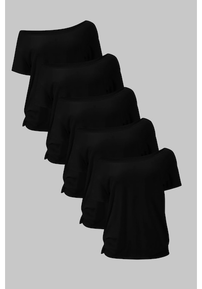 Siyah 5li Paket Kadın Düşük Omuz Kayık Yaka Oversize T-shirt Siyah - Siyah - Siyah - Siyah - Siyah