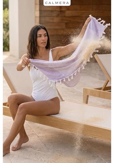 Calmera Çizgili Peştemal Pamuk - Doğal Saçaklı Plaj, Deniz, Havuz, Spa, Sauna, Spor, Seyahat Havlu - Lila