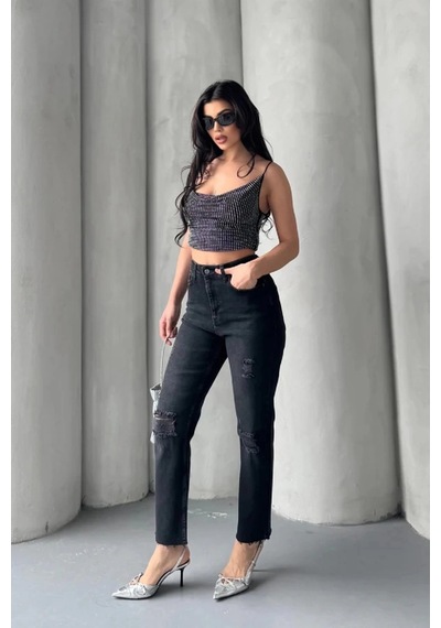 Kadın Antrasit Yırtık Detaylı Mom Jean Yüksek Bel Rahat Kalıp Denim Pantolon