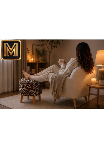 Medet Home Leopar Desenli Puf 40x40x40 Cm Dekoratif Ahşap Ayaklı Oturma Pufu Çok Renkli