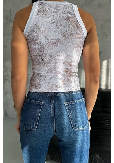 Balenbi Kadın Sim Baskılı Kolsuz Kaşkorse Body 1065 Beyaz 2