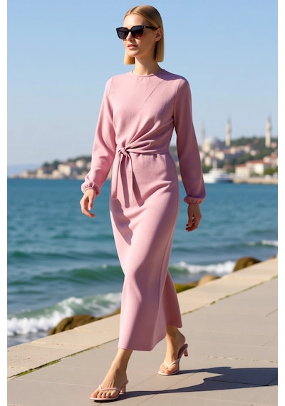 Benerly Kadın Maxi Elbise Bisiklet Yaka Uzun Kol A-line Kesim Keten Dokul Lila
