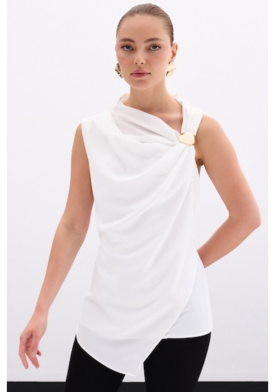 Sateen Tek Omuz Aksesuarlı Bluz - Ekru-135773 Ekru