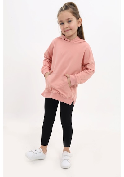 Toontoy Kids Toontoy Kız Çocuk 2'li Takım Baskılı Kapüşonlu Düşük Omuz Cepli Yırtmaçlı Sweatshirt & Basic Düz Tayt Mercan