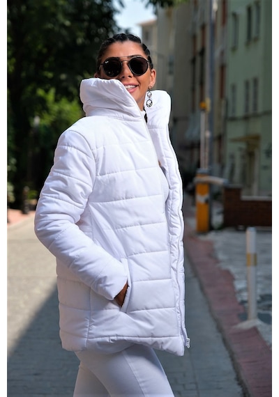 Keyifli Moda Kadın Beyaz Dik Yaka Uzun Şişme Mont