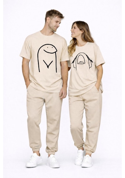Sevgili Kombini Çift Tişört Oversize Unisex Matching Couple Minim Bej