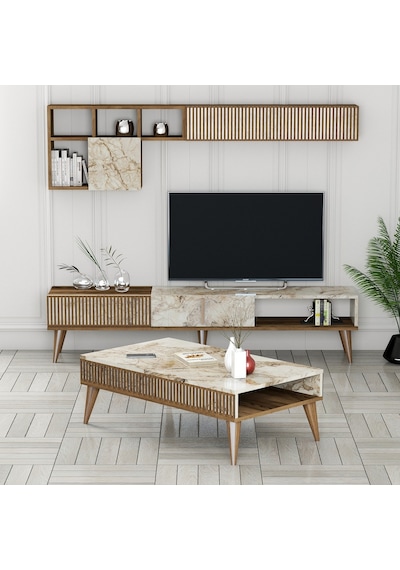 Variant Milan 3'Lü Salon Takımı - Ceviz - Beyaz Mermer