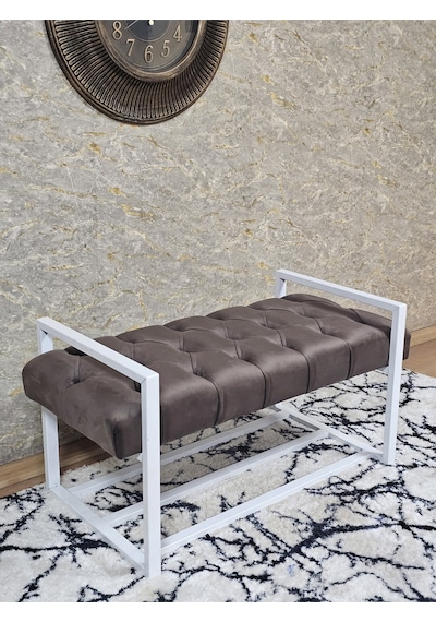 Zafir Beyaz Boyalı Metal 80 Cm Puf Bench - Antre Puf - Hol Bench - Puf - Oturak - Bench Kahverengi