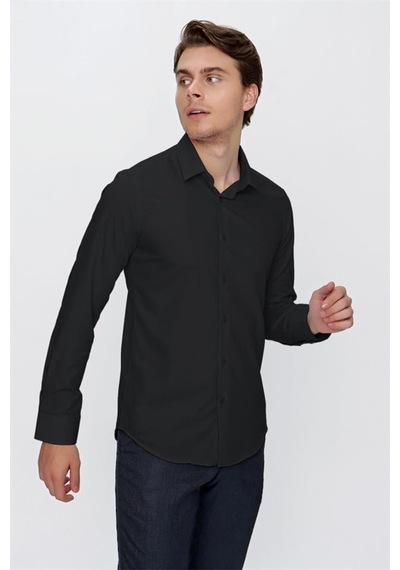 İmza Siyah Klasik Yaka Uzun Kol Cepsiz Slim Fit Basic Pamuklu Gömlek 1004255057