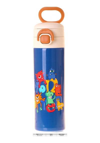 Kaukko Kids 520 Ml Moster Baskılı Mavi Erkek Çocuk Çelik Termos Matara Çift İçim Kilitli Kapak - L5407