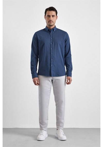 Süvari Lacivert Slim Düğmeli Yaka Düz Cepsiz Casual Gömlek Gm2025500498-m09