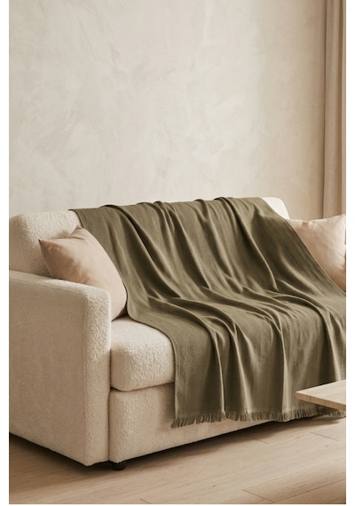 İskandinav Dokulu Pamuklu Saçaklı Koltuk Örtüsü Ve Koltuk Şalı Kaymaz Terletmez 170x200 Cm Haki