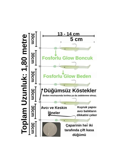 Ea genset Silikon Balıklı Çapari 5 Cm 2 Adet Silikon At Çek Takımı Şeffaf Yeşil Fosforlu Glow Beden Ve Fosforlu Glow Boncuklu