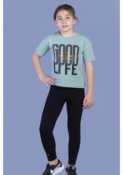 Toontoy Kids Toontoy Kız Çocuk 2'li Takım Baskılı Bisiklet Yaka T-shirt & Basic Düz Tayt Yeşil