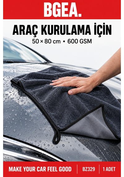 Bgea Mikrofiber Araç Kurulama Bezi 50x80 Cm 600 Gsm Tek Taraflı Twisted 1 Adet