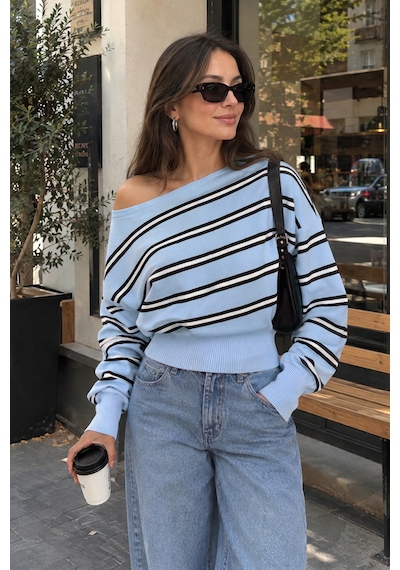 Sayzen Your Shine Trend Kayıkçı Yaka Çizgili Kadın Triko Kazak Bebe Mavi