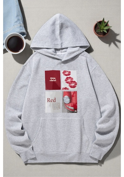 Uyguntarz Unisex Red Mon Cheri Baskılı Kapüşonlu Sweatshirt Gri