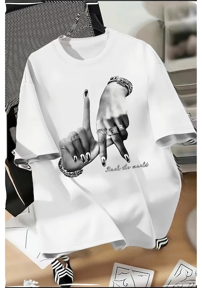 La El İşareti Ön Baskılı Sokak Modası Unisex T-shirt Beyaz