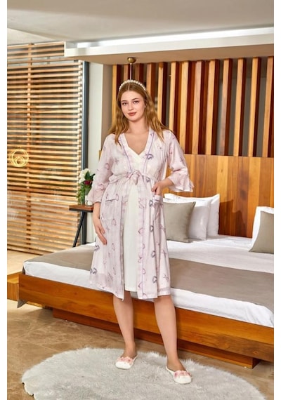 Cossy By Aqua 24525-526 Saten Sabahlıklı İp Askılı Hamile Lohusa Gecelik Sabahlık Takım