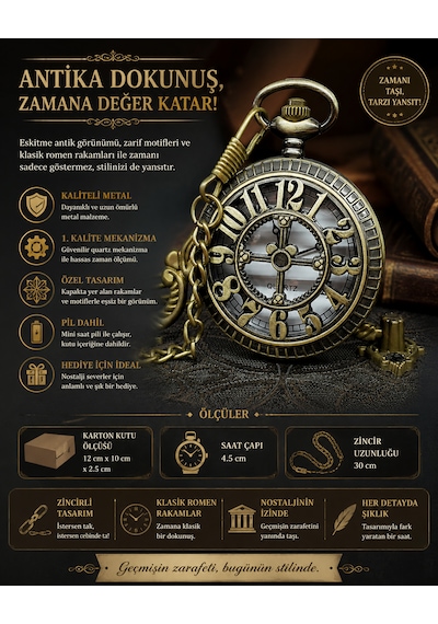 Antika Görünümlü Metal Köstekli Cep Saati Zincirli Nostaljik Quartz Vintage Tasarım Hediyelik Cep Saati