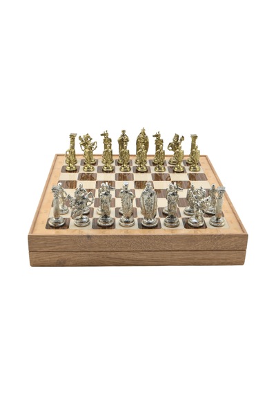 Gifthome Büyük Boy Metal İngiliz Satranç Takımı Parlak Ve Rustik Desenli Sandıklı Mdf Tahtası 36x36x6 Cm.