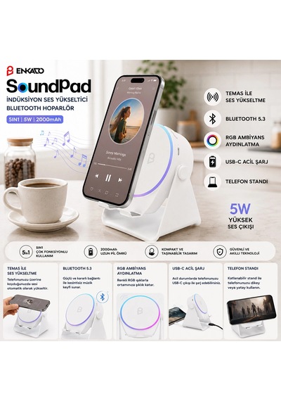 Soundpad 5ın1 - 5w - 2000mah Temas İle Ses Yükseltme - Telefon Stand - Usb-c Şarj Beyaz İndiksiyon Ses Yükseltici Bluetooth Hoparlör Speaker Ekd-s11 Bx40