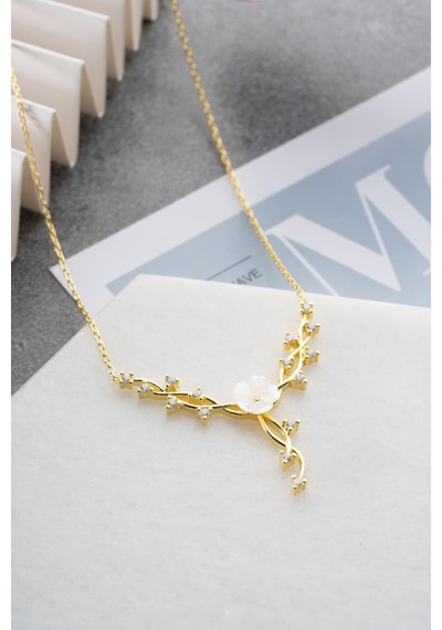 925 Ayar Gümüş Gold Kaplama Manolya Çiçeği Sarmaşık Model Kolye
