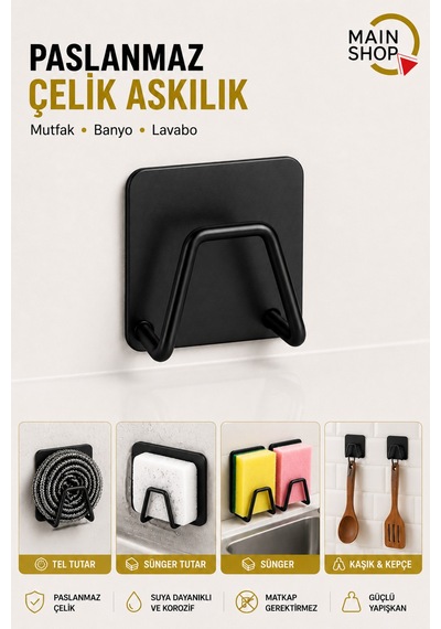 Mainshop Siyah Yapışkanlı Çok Amaçlı Tutucu 6 Lı Set - Bulaşık Süngeri, Mutfak Ve Banyo Askısı M-sng1