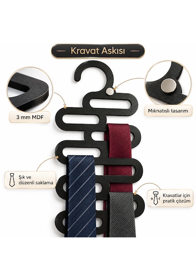 Doalino Mıknatıslı Ahşap Kravat Askısı Dolap Içi Kravat Düzenleyici Organizer Siyah