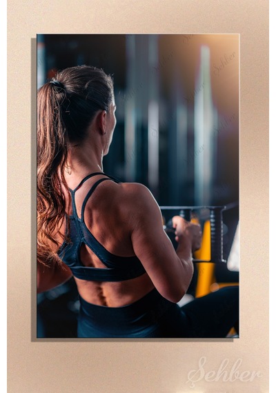 Spor Salonunda Sırt Egzersizi Lat Pulldown Yapan Atletik Bir Kadın Dikey Kanvas Tablo 3908 Çok Renkli