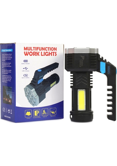 Ps-3879 Usb Şarj Göstergeli Şarj Edilebilir 7 Xpe +cob Led El Feneri Çok Renkli