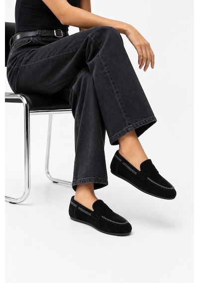 Luvi Shoes Francıs Siyah Süet Hakiki Deri Örgü Detaylı Kadın Loafer Ayakkabı