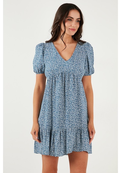 Lela Regular Fit V Yaka Balon Kol Desenli Mini Bayan Elbise 67810045 Indigo