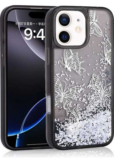 Apple Uyumlu iPad iPhone 12 Kılıf Sıvılı Simli Kelebek Baskılı Şeffaf Arka Yüzey Zore Glis Silikon Kapak